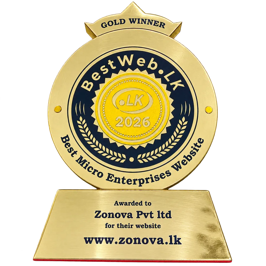 The BestWeb.lk 2026 Gold Winner trophy for Best Micro Enterprises Website, engraved 'Awarded to Zonova Pvt ltd for their website www.zonova.lk'.
