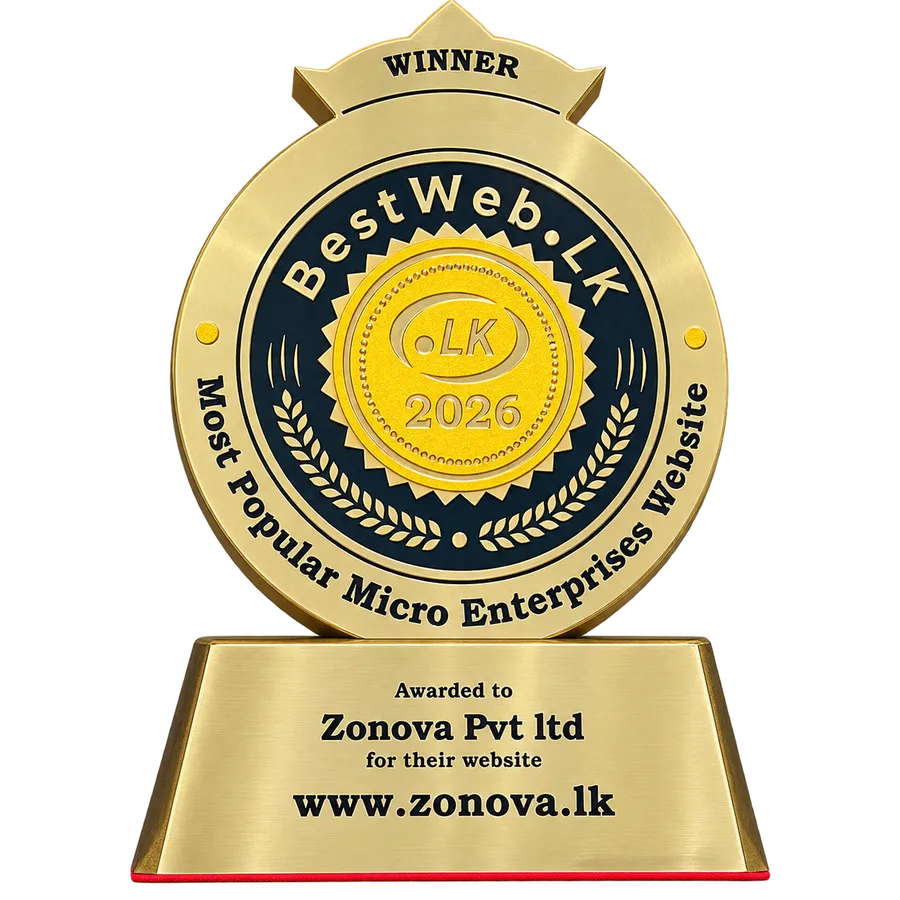 The BestWeb.lk 2026 Winner trophy for Most Popular Micro Enterprises Website, engraved 'Awarded to Zonova Pvt ltd for their website www.zonova.lk'.