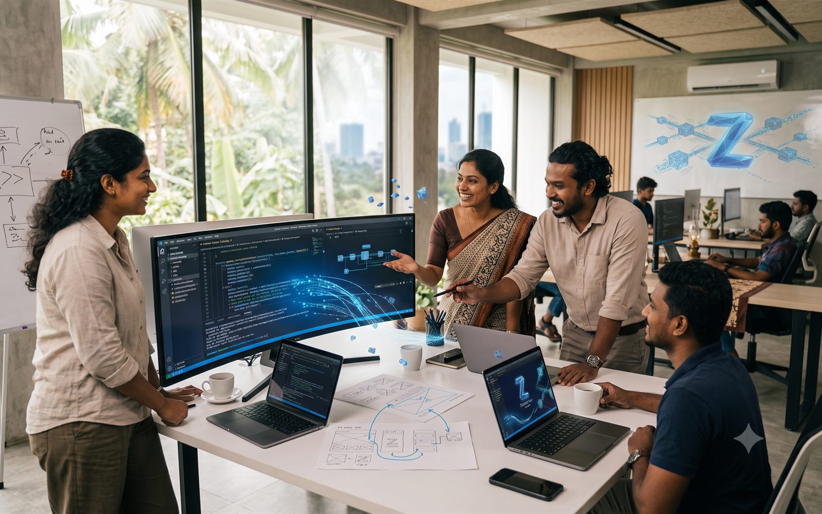 Illustration of a software team collaborating in an office